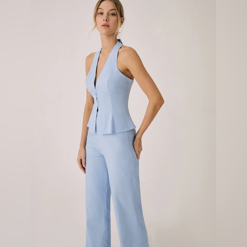 Commense Linen Blend Light Blue Two Piece Set